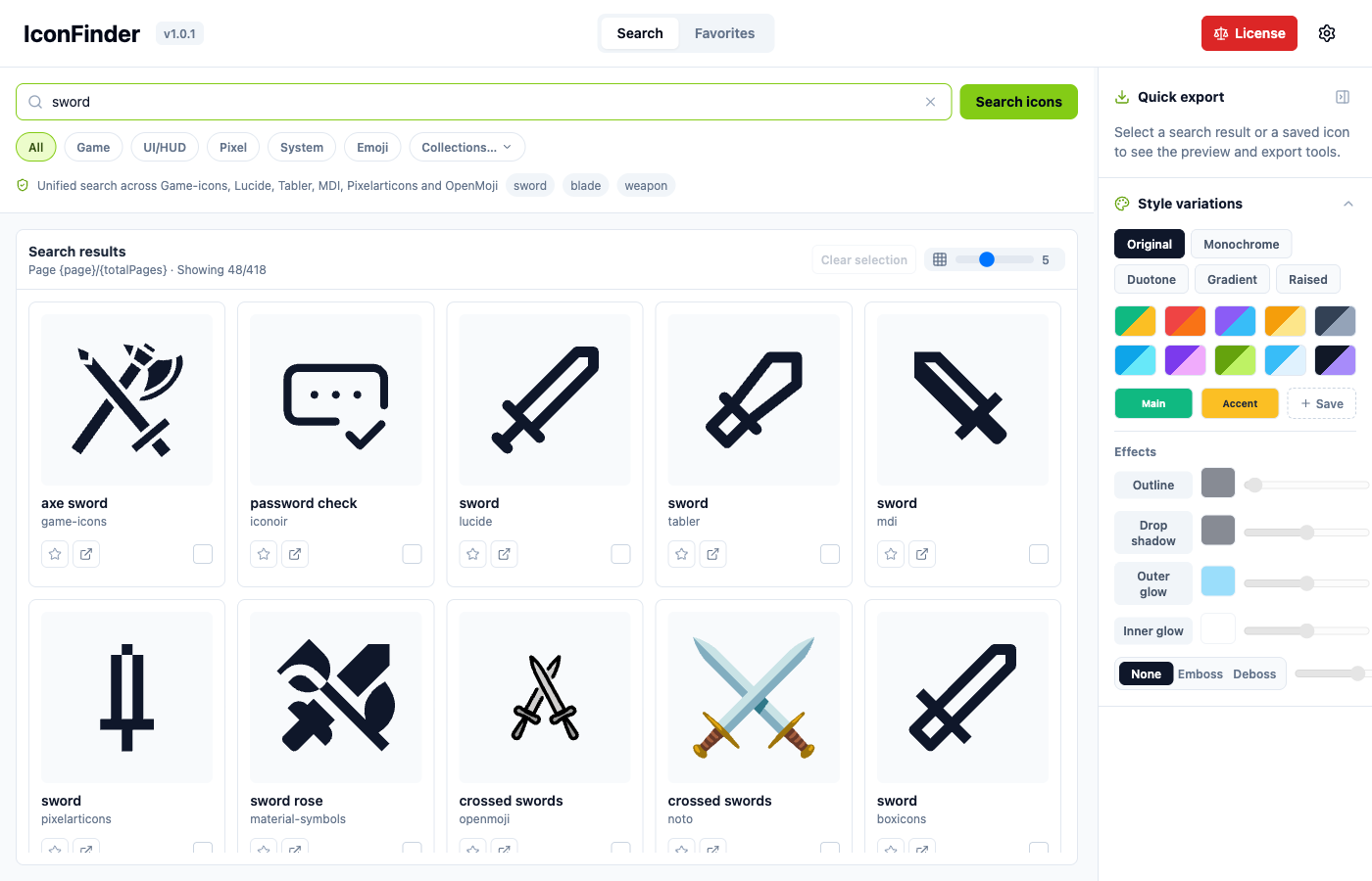 IconFinder 검색 워크스페이스 화면 — sword 검색 결과와 스타일 패널